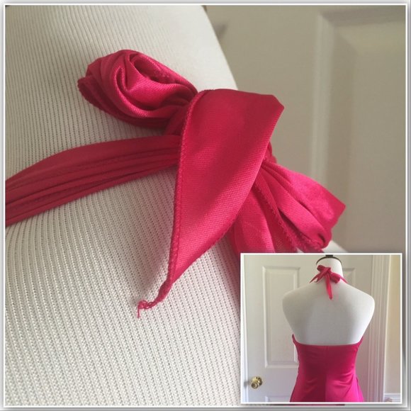 Fuchsia Pink Halter Satin Prom Dress - Picture 12 of 13
